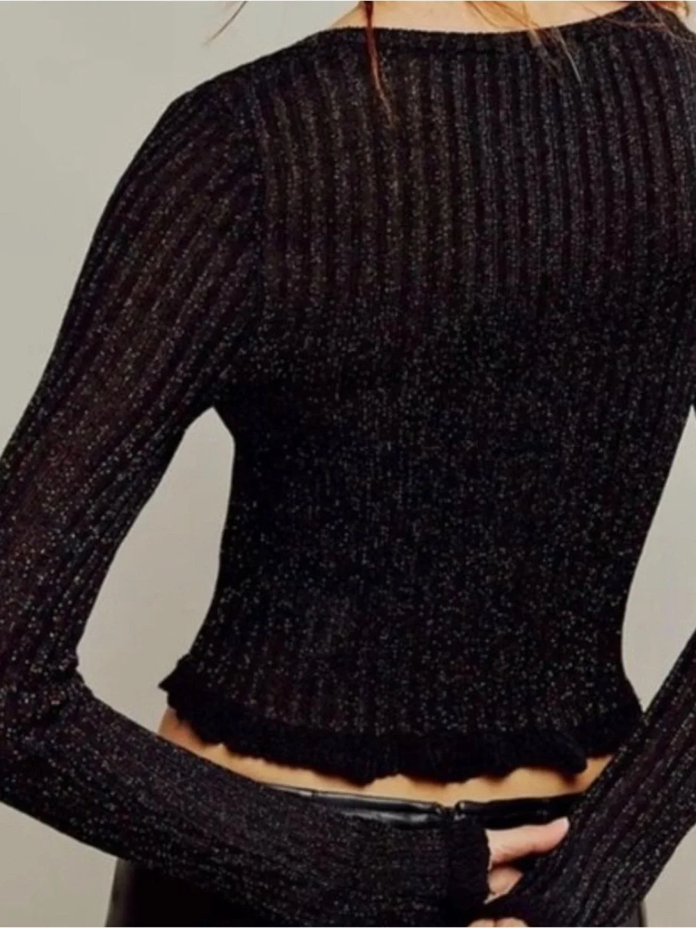 Free People Black Ribbed Long-Sleeve Cutout Crop Top